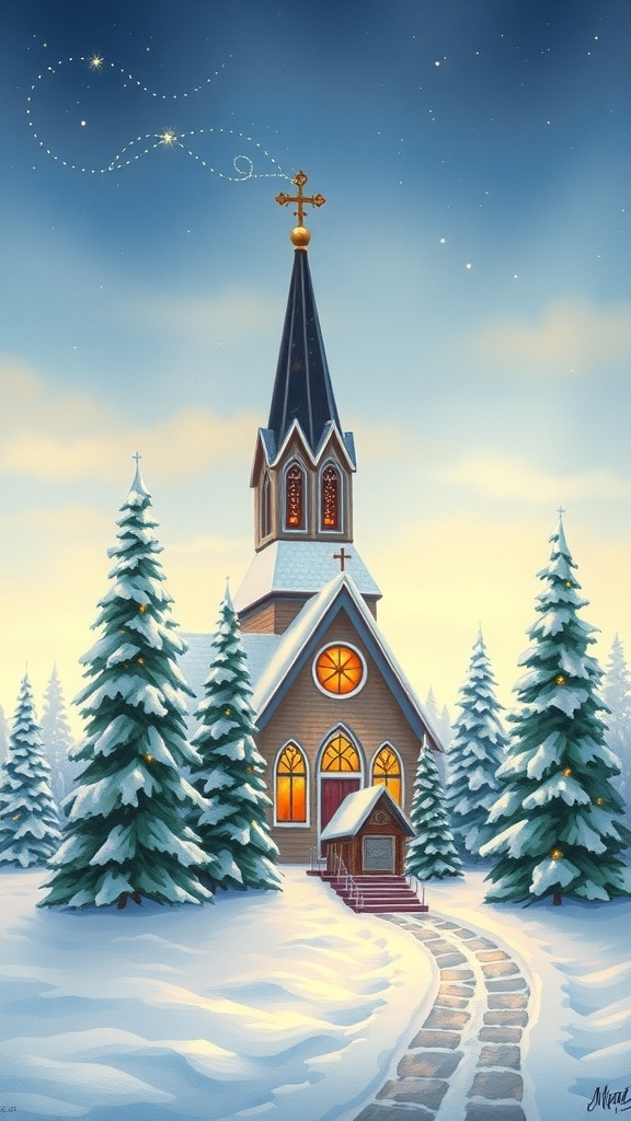 A charming Christmas church painting with snow, trees, and lights, creating a festive holiday scene.